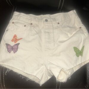 Levi's Cream Jean Shorts with Colorful Butterfly Designs